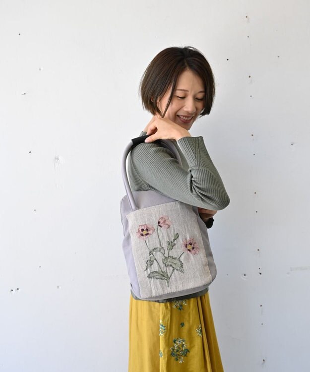 AND WOOL ポピー押し花刺繍バッグ グレー