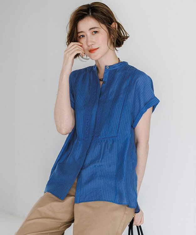 23区 【先行予約/WEB&一部店舗限定】レースピンタック フレンチスリーブ ブラウス ダルブルー系
