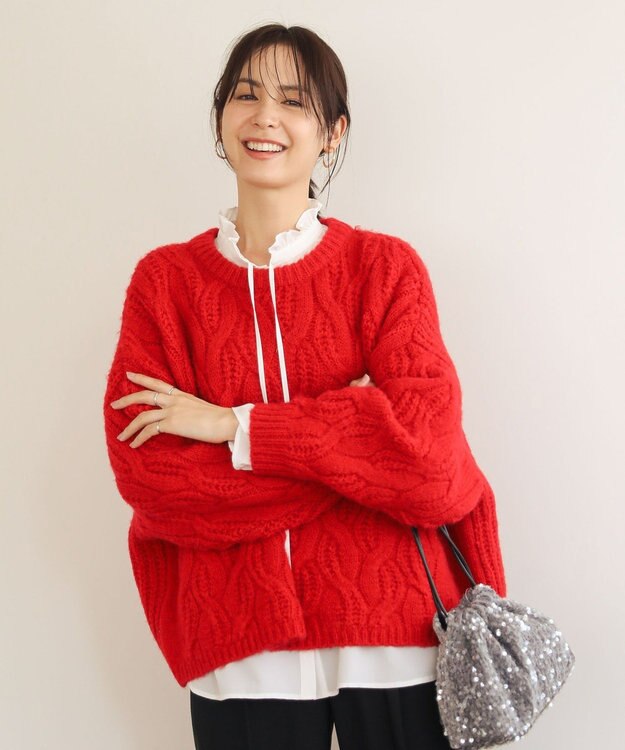 Green Parks ふわふわケーブルニットプルオーバー Red