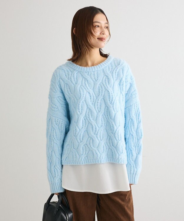 Green Parks ふわふわケーブルニットプルオーバー Sax