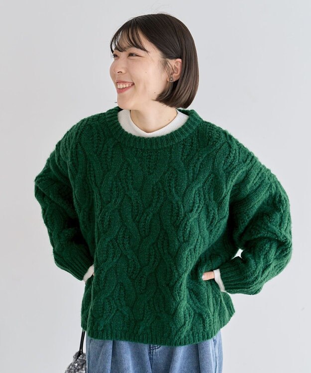 Green Parks ふわふわケーブルニットプルオーバー Green