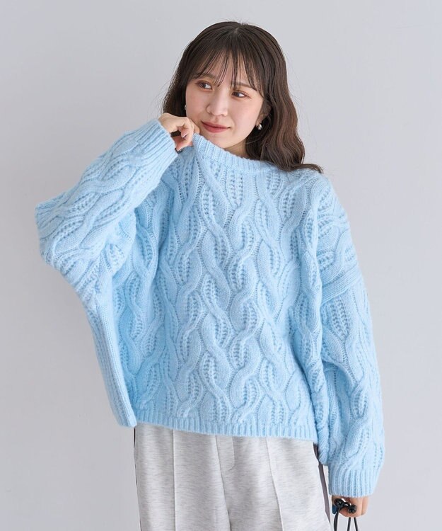 Green Parks ふわふわケーブルニットプルオーバー Sax