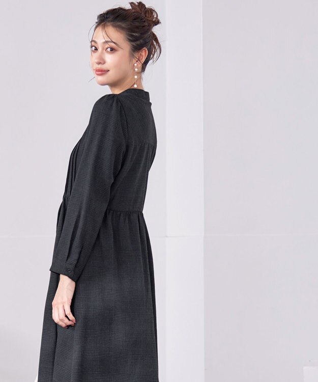 Tiaclasse 【洗える】バンドカラーチェック柄シャツワンピース チャコールグレー