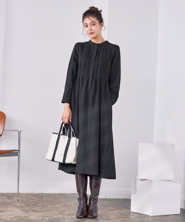 Tiaclasse 【洗える】バンドカラーチェック柄シャツワンピース チャコールグレー