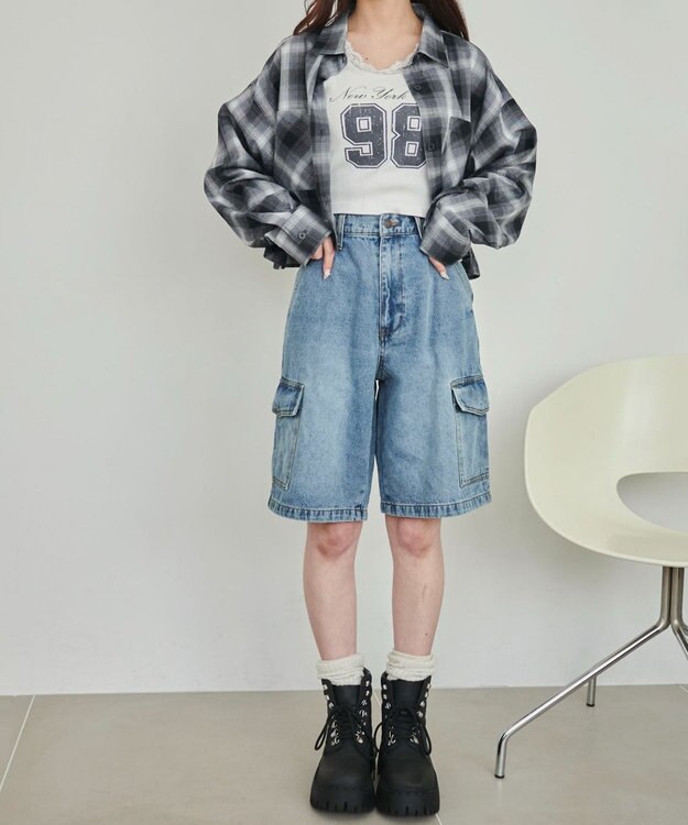 WEGO ヴィンテージウォッシュカーゴハーフパンツ デニム淡色