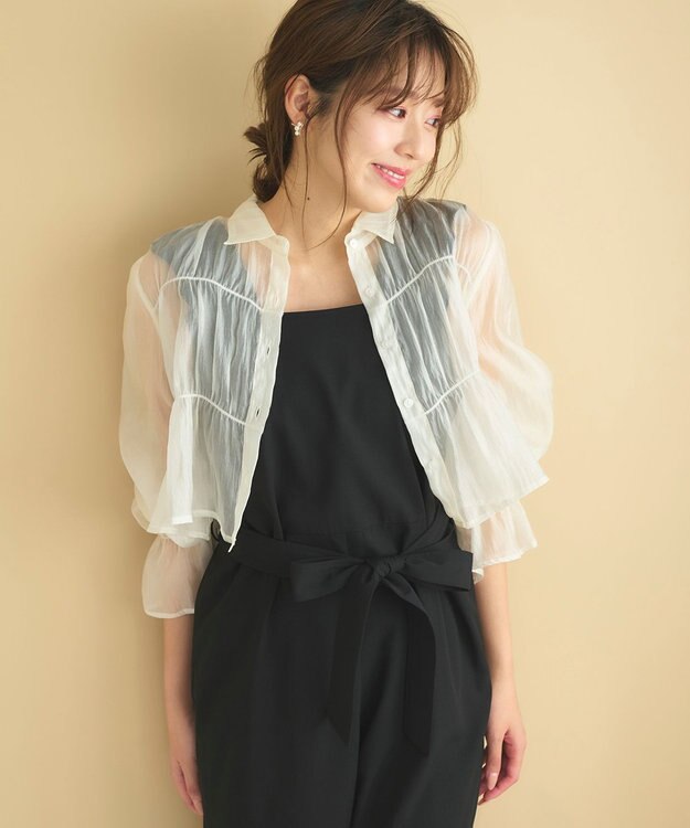 Feroux 【洗える】シャーリングシアー シャツ アイボリー系