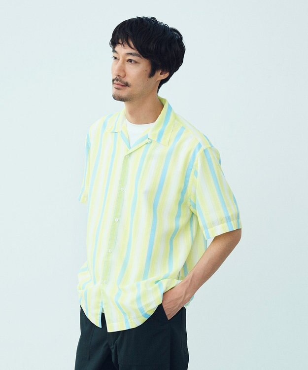 UNFILO MENS シアーメッシュプリント オープンカラーシャツ【ギフトにもおすすめ】 イエローストライプ