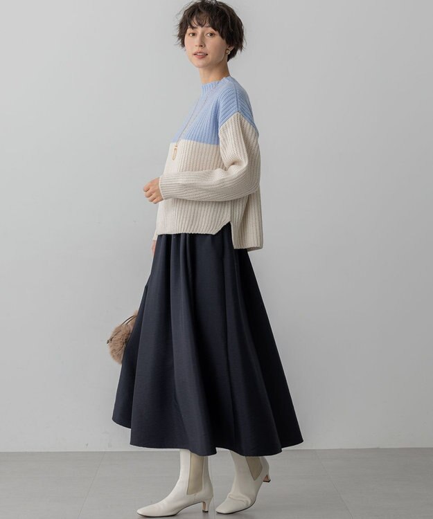 23区 S 【洗える】ウールカシミヤ カラーブロック バルキー ニット サックス×ベージュ