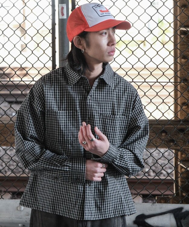 WEGO ミニマムチェックショートシャツ（LS） ブラックチェック1