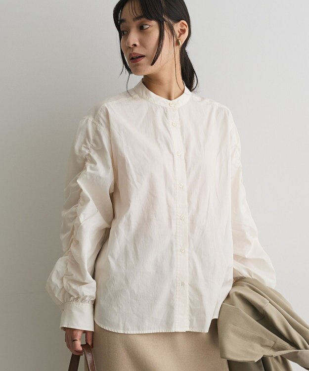CRAFT STANDARD BOUTIQUE 袖シャーリングバンドカラーシャツ Off White