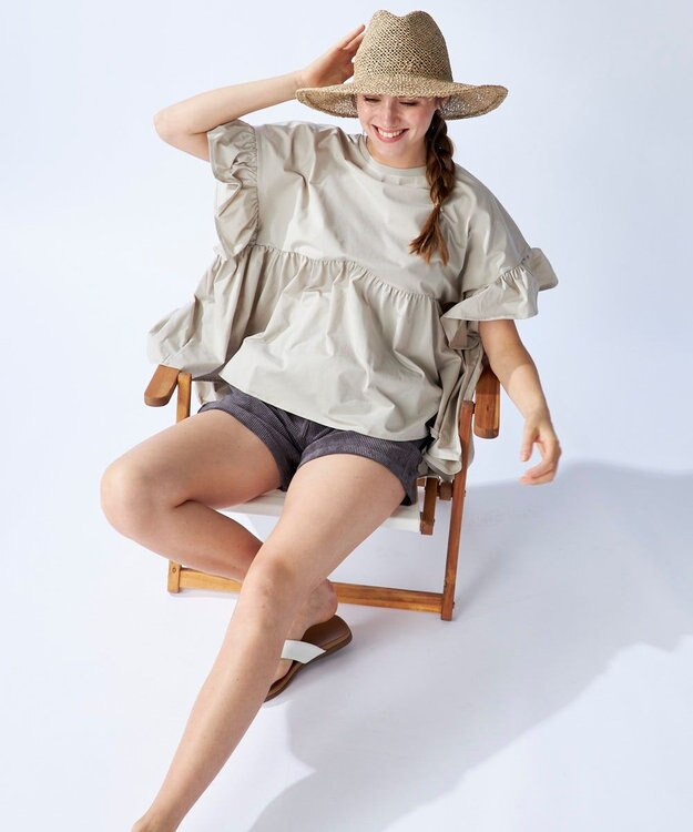 OP／FILA 【Ocean Pacific】らくティブ｜ティアード袖フレアカットソー ベージュ