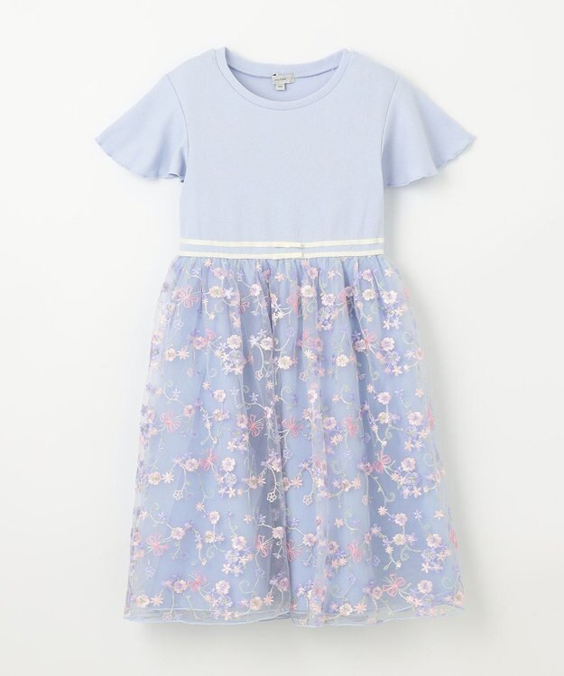 ANY KIDS 刺繍 チュール ワンピース サックスブルー