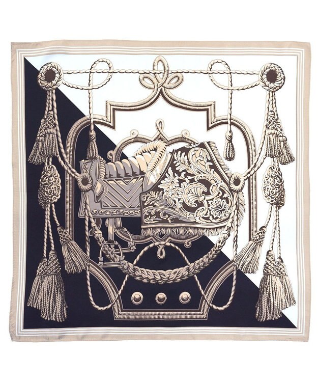 Marca ＜春の新作！＞【伝統横濱スカーフ】ビッグタッセル&鞍（FET-056） 小判 シルクツイル スカーフ ベージュxブラック