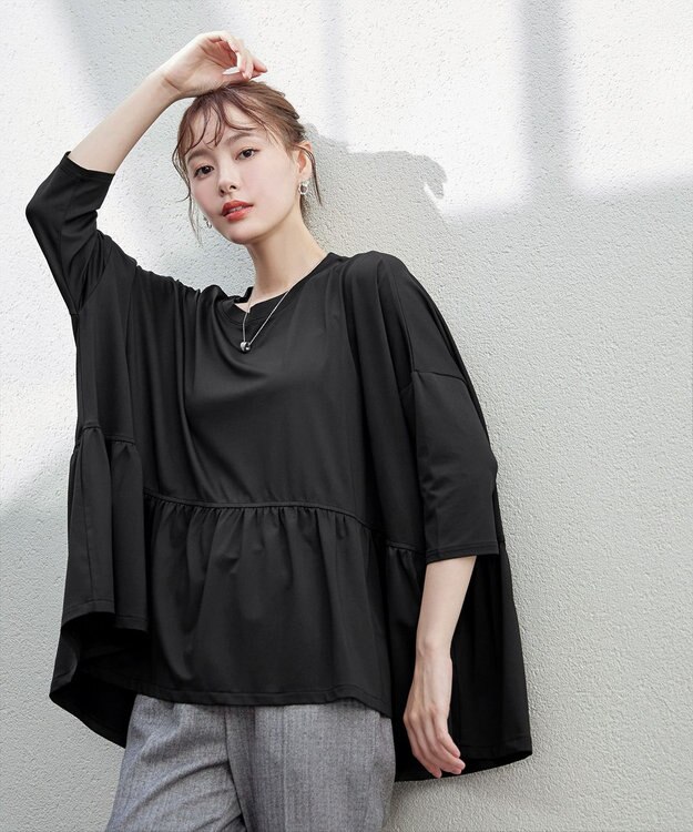 Tiaclasse 【洗える】ギャザーポンチョカットソープルオーバー ブラック