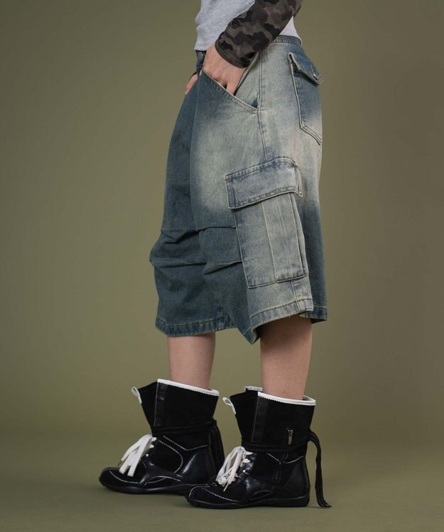 WEGO フラップポケットニータックカーゴハーフパンツ デニム中濃色