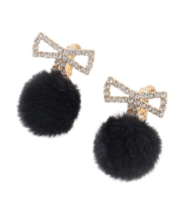 Maison de FLEUR フェイクファービジューリボンイヤリング Black