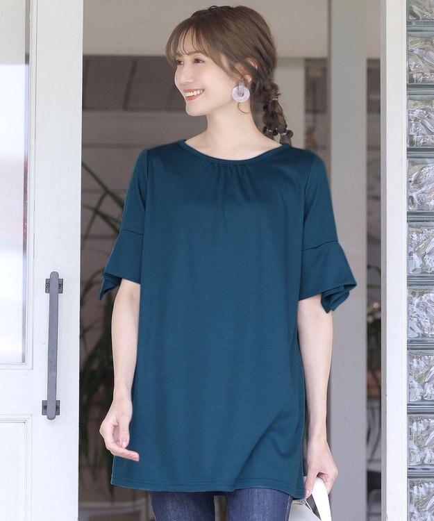Tiaclasse 【洗える】フレアカフスポンチチュニックブラウス ターコイズ