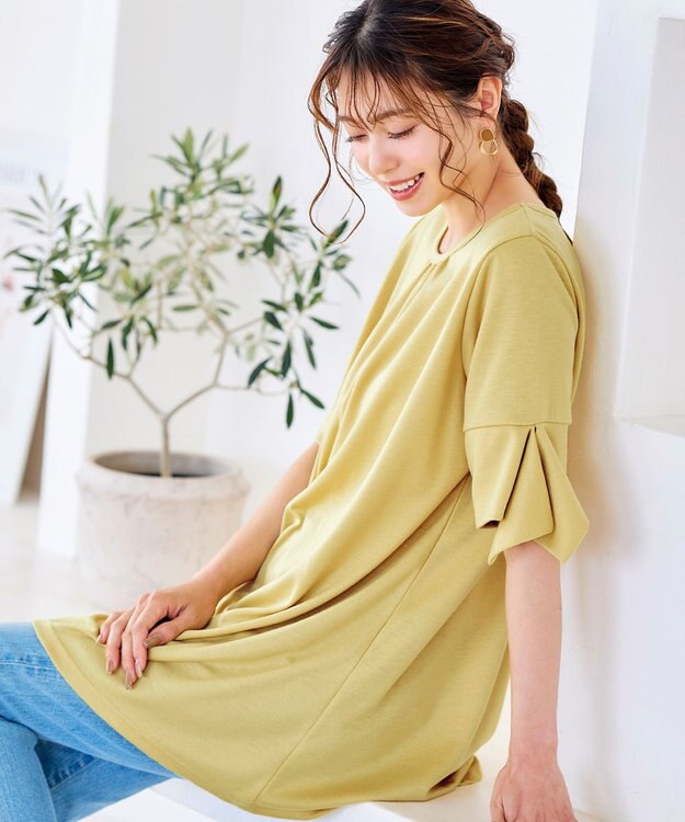 Tiaclasse 【洗える】フレアカフスポンチチュニックブラウス イエロー