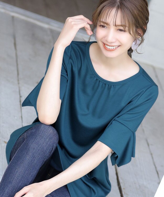 Tiaclasse 【洗える】フレアカフスポンチチュニックブラウス ターコイズ