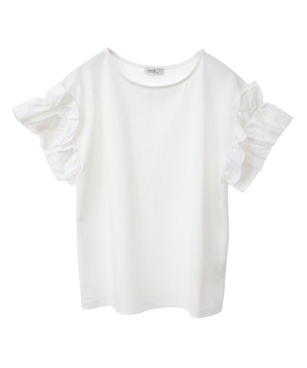 earth music&ecology 【接触冷感/洗濯機可】ギャザーフリルスリーブカットソー Ivory
