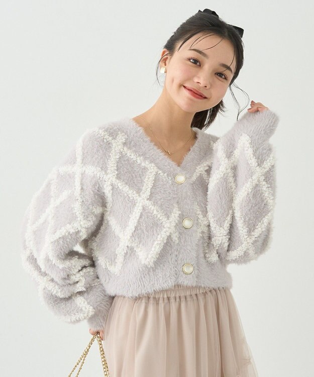 earth music&ecology シャギーダイヤ柄ショートニットカーディガン Light Gray