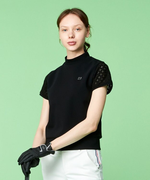 23区GOLF 人気デザインがアップデート！【WOMEN】ライトダンボール 半袖モックネックシャツ ブラック系