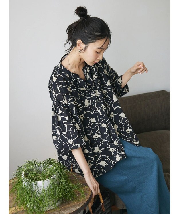 CRAFT STANDARD BOUTIQUE インド綿アソート柄シャツチュニック Black