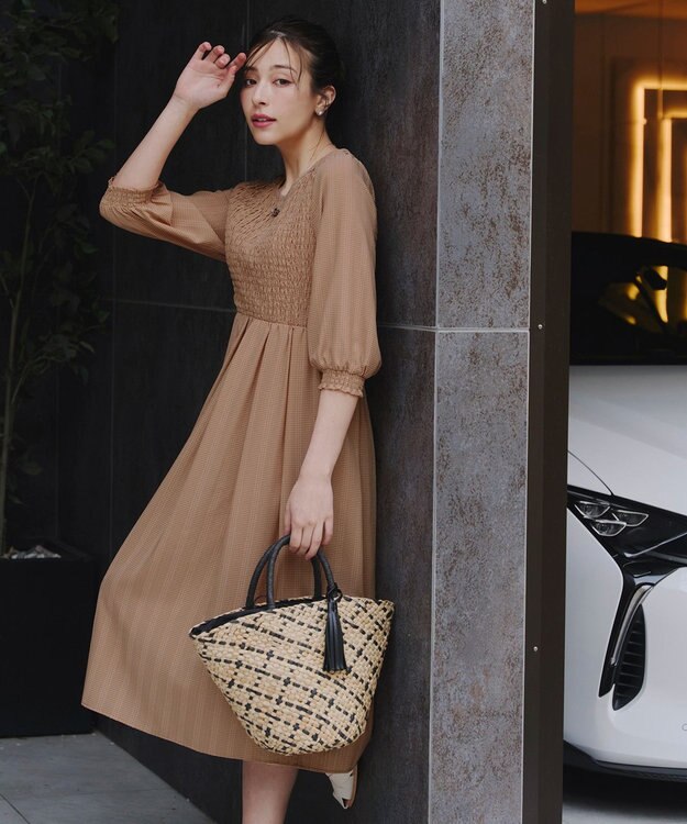 Tiaclasse 【洗える】シャーリングパフスリーブシアーワンピース キャメル