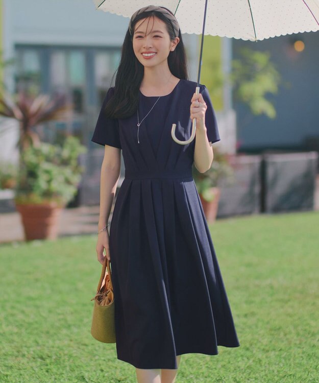 Tiaclasse 【おのののかさん着用】半袖&長袖選べる袖丈・タックフレアワンピース 半袖ネイビー