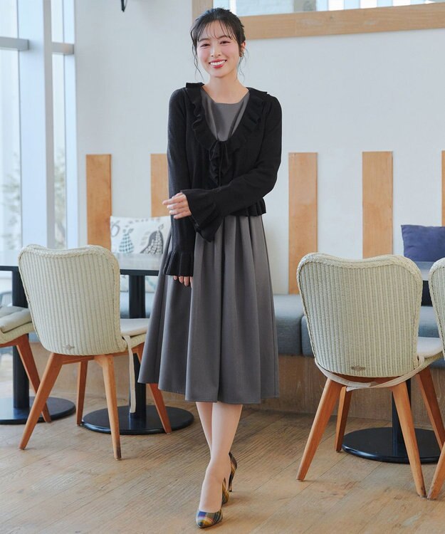 Tiaclasse 【おのののかさん着用】半袖&長袖選べる袖丈・タックフレアワンピース 長袖チャコールグレー