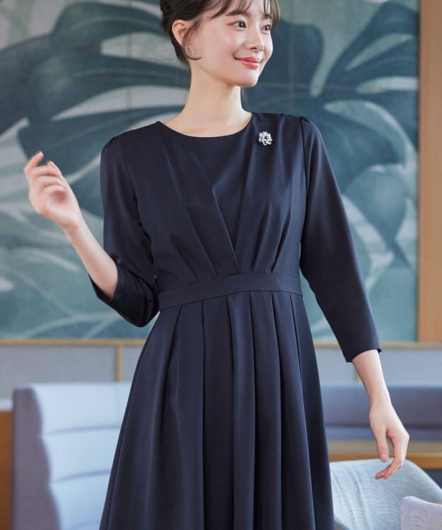 Tiaclasse 【おのののかさん着用】半袖&長袖選べる袖丈・タックフレアワンピース 長袖ネイビー