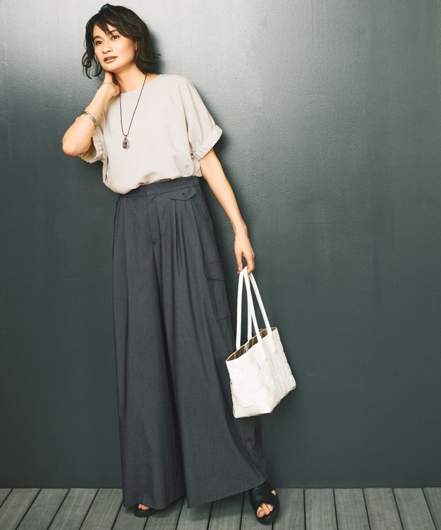 自由区 S 【カタログ掲載・接触冷感・UVカット・洗える】デニムライクボトムフレアワイド パンツ インディゴ