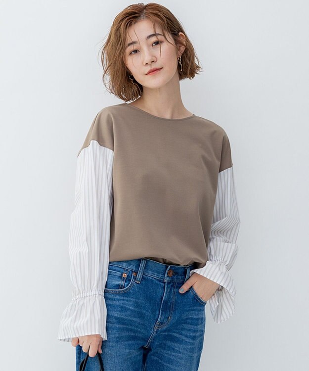 23区 L 【洗える】コンビネーション キャンディースリーブ カットソー ブラウン×ベージュストライプ