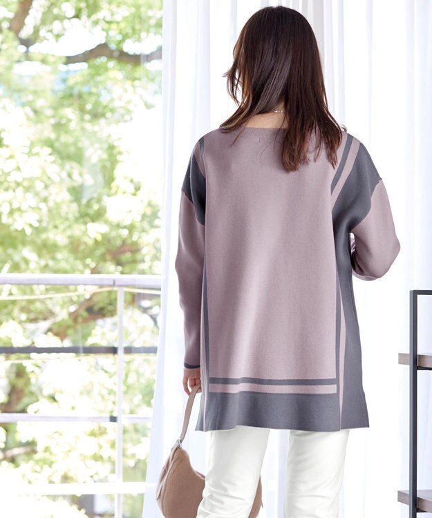 Tiaclasse 【新色追加・洗える】配色ニットチュニック グレージュ×チャコールグレー