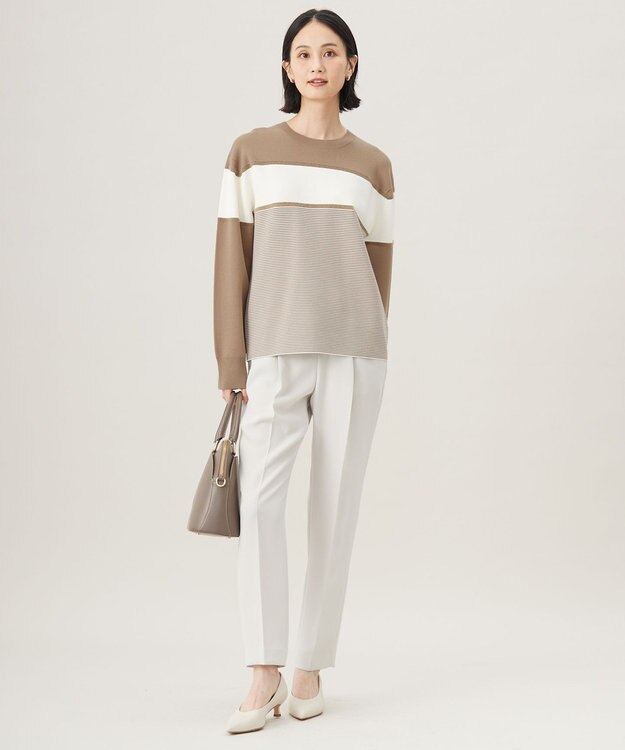 自由区 L 【カタログ掲載・洗える】モールコンビ ニット ダークベージュ×エクリュ