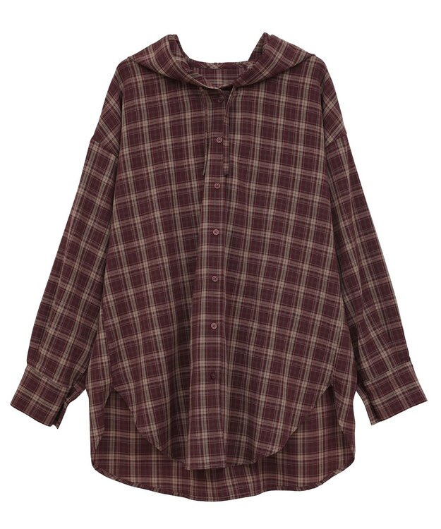 earth music&ecology フーディーチェックシャツ Bordeaux