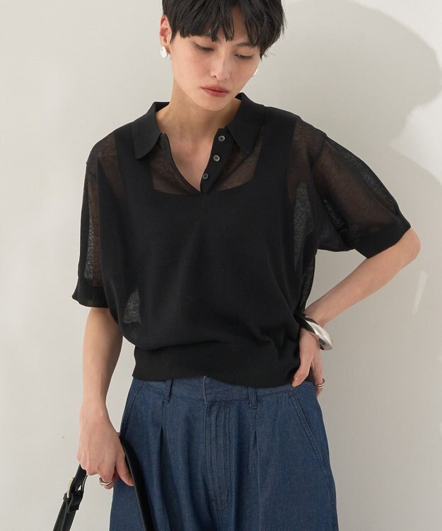 AMERICAN HOLIC ウォッシャブルシアーニット半袖ポロシャツ Black