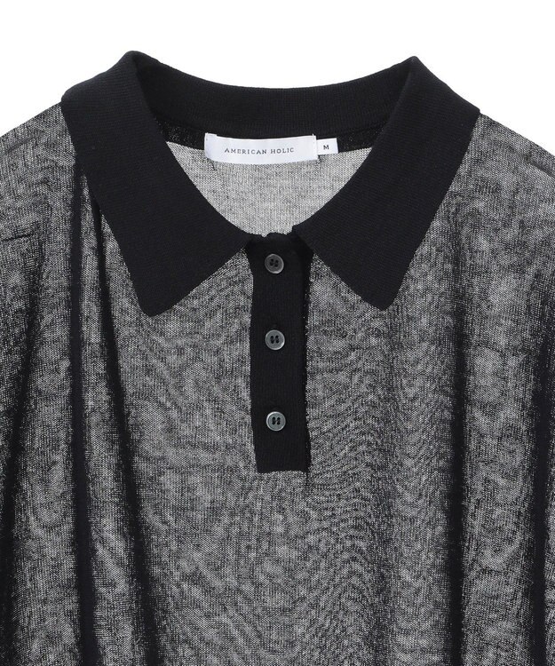 AMERICAN HOLIC ウォッシャブルシアーニット半袖ポロシャツ Black
