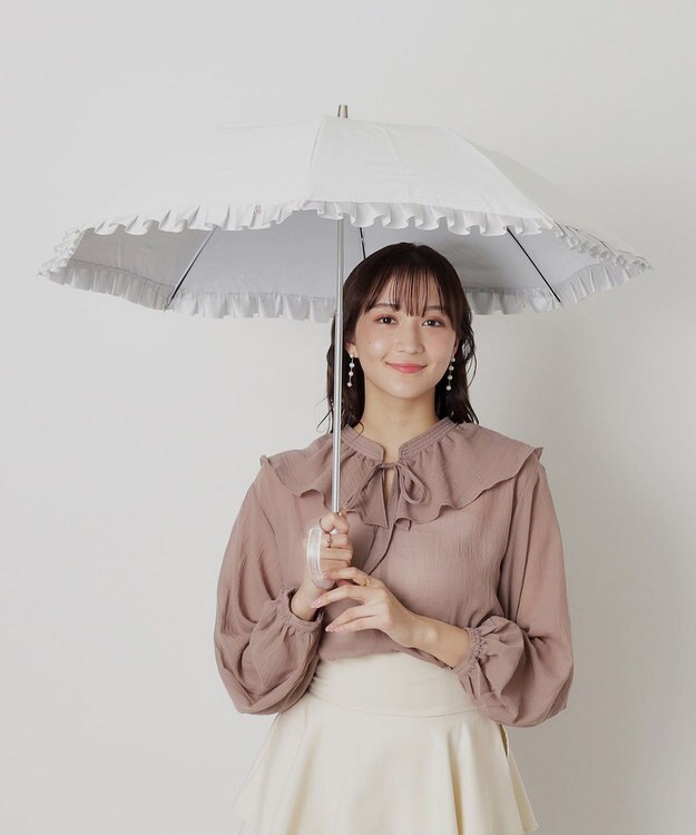 MOONBAT 【一級遮光/晴雨兼用】LANVIN en Bleu (ランバン オン ブルー)  折りたたみ日傘 シャイニーフリル 遮光 遮熱 UV オフホワイト