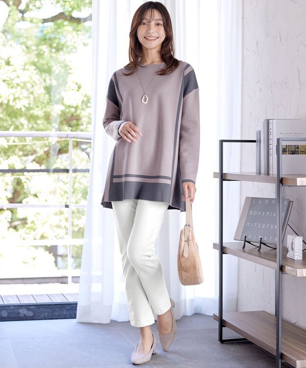 Tiaclasse 【新色追加・洗える】配色ニットチュニック グレージュ×チャコールグレー