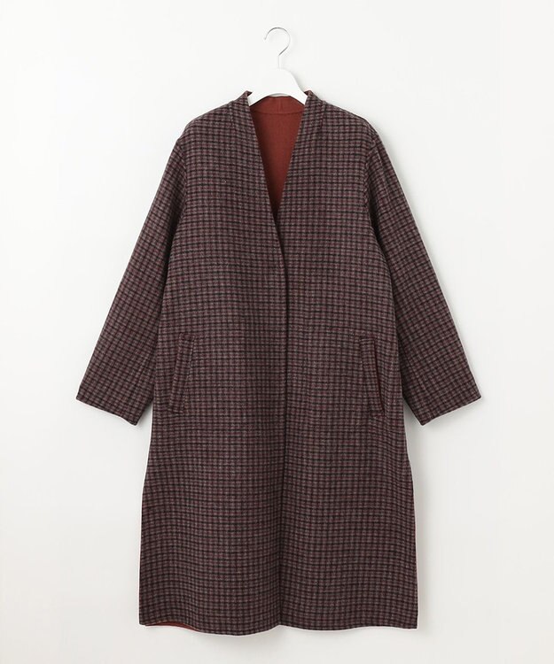 自由区 【リバーシブル】ウールリバー ノーカラーロングコート レッド系