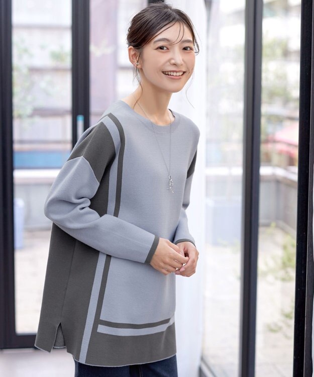 Tiaclasse 【新色追加・洗える】配色ニットチュニック サックス×チャコールグレー