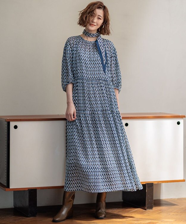 23区 【洗える】Ratti コラージュプリント ワンピース ブループリント