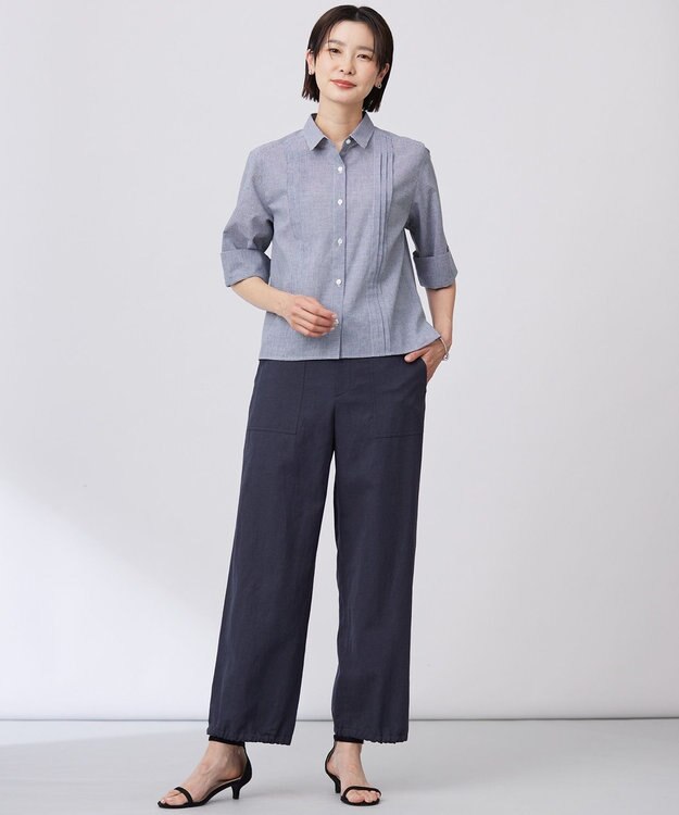 J.PRESS LADIES 【洗える】リネンminiチェック フロントピンタック シャツ ネイビー系