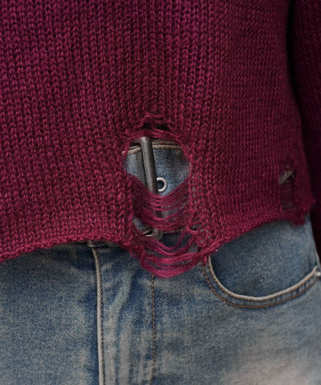 WEGO モヘアタッチダメージショートニット ワイン