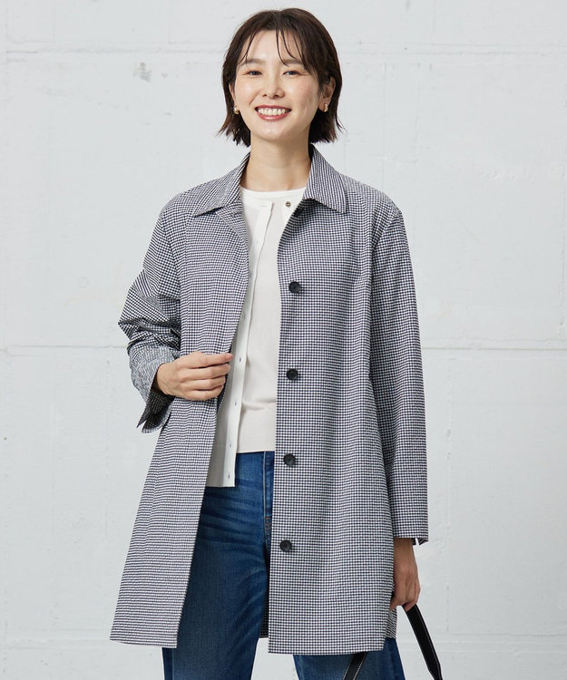 J.PRESS LADIES L 【洗える】Lightストレッチギンガム シングル トレンチコート ブラック×ライトグレーギンガム系