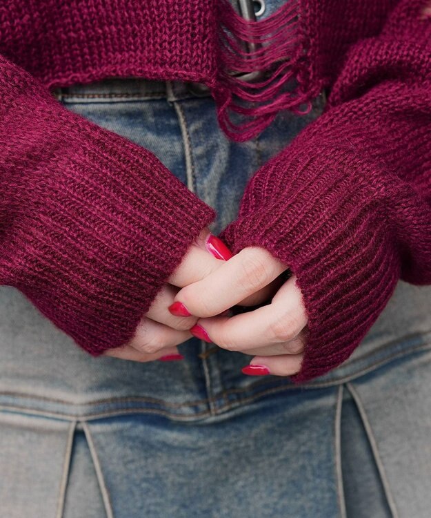 WEGO モヘアタッチダメージショートニット ワイン