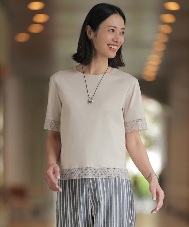 J.PRESS LADIES 【一枚で着映え】コットンスムース レース カットソー グレージュ系
