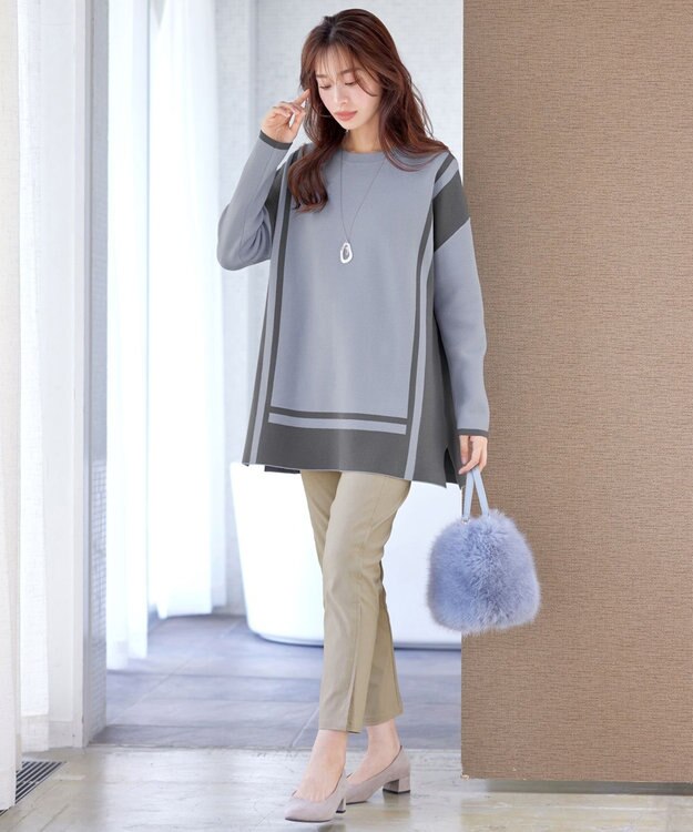 Tiaclasse 【新色追加・洗える】配色ニットチュニック サックス×チャコールグレー