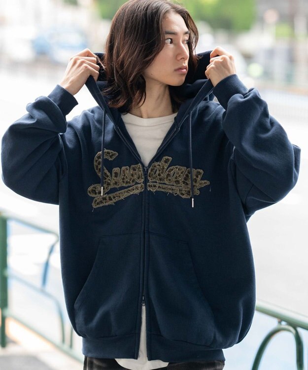 WEGO 【ユニセックス着用ITEM/SMLサイズ展開】レオパードワッペンダブルZIPパーカー ネイビー